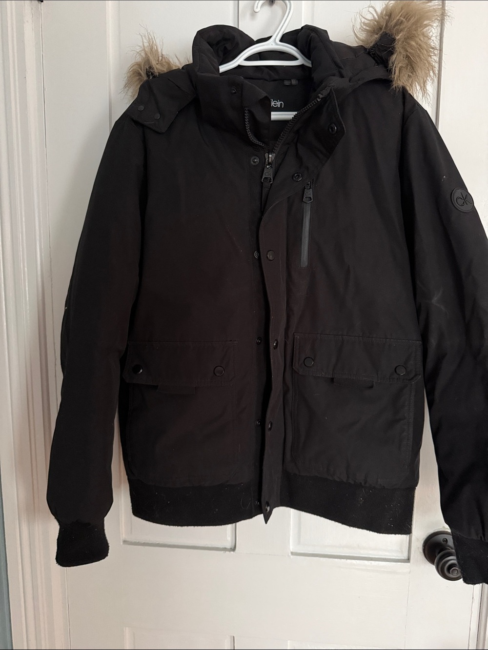 Calvin Klein Black Hooded Puffer Coat with Faux-Fur Trim